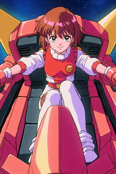 Sexy anime girl protagonist, 80's cel animation look, in sexy combat space suit, driving a giant robot from her cockpit, styled after series like Gunbaster or Mazinger Z. Bright lighting, vibrant pastel color palette, nostalgic and cheerful mood. panning s...