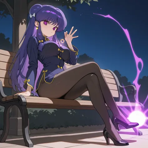 score_9, score_8_up, score_7_up, 1girl, solo, (top quality, 8k), high resolution, smooth, best quality, highly detailed, looking at viewer, in a park, purple light, (dark), ((from front)), large breasts, glowing hypnotic waves in the background, at night, ...