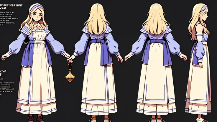 Video game character design full body illustration：presenting a full-body portrait of a medieval peasant woman using line drawing and collage techniques，Concept map on a pure white background with multiple perspectives，showing realistic colors and natural ...