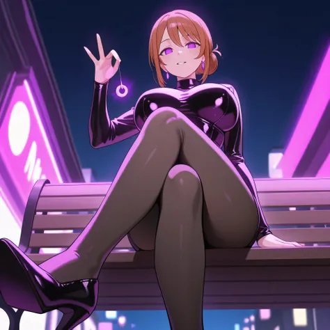 score_9, score_8_up, score_7_up, 1girl, solo, (top quality, 8k), high resolution, smooth, best quality, highly detailed, looking at viewer, in a park, purple light, (dark), ((from below)), huge breasts, glowing hypnotic waves in the background, at night, (...