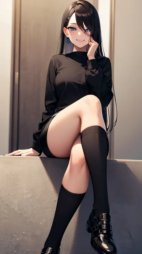 (Best quality, 1.3), 1 girl, black long sleeve top, black shorts, black thigh-high socks, Ado, long black hair, blue eyes, detailed face, detailed eyes, sitting with legs crossed, friendly-flirty smile