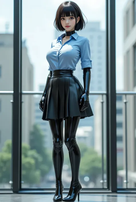 realistic female figures、Full body photo、long legs、pedestal、Statue 、black high heels、My Figures、(Highly Detailed CG Unity 8K Wallpaper,masterpiece),girl figure,Blue Eyes, (( bangs、short hair)), light blue shirt, フレアSkirt、long legs, short hair, (High Perfor...