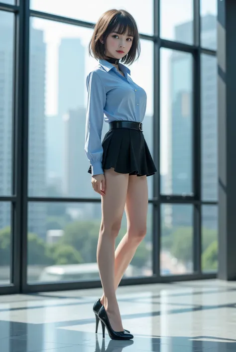 realistic female figures、Full body photo、long legs、pedestal、Statue 、black high heels、My Figures、(Highly Detailed CG Unity 8K Wallpaper,masterpiece),girl figure,Blue Eyes, (( bangs、short hair)), light blue shirt, フレアSkirt、long legs, short hair, (High Perfor...