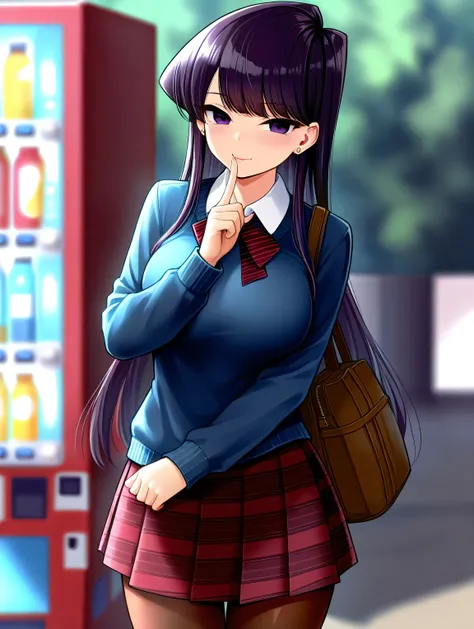 masterpiece, best quality, high resolution, absurdres,
 1girl, solo, Komi Shouko, purple eyes, long hair, breasts, looking at viewer, blush, shirt, large breasts, skirt, purple hair, long sleeves, ribbon, closed mouth, jewelry, standing, pantyhose, outdoors, cowboy shot, earrings, pleated skirt, hand up, bag, blurry, sweater, plaid, neck ribbon, red skirt, plaid skirt, finger to mouth, brown pantyhose, shoulder bag, stud earrings, vending machine, naughty face,