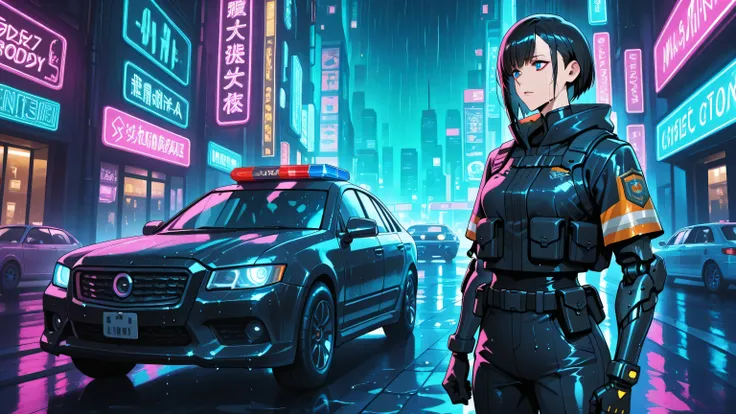 "Anime-style illustration of a cyberpunk city at night, glowing neon lights reflecting on wet streets. A female cybernetic sheriff stands next to a futuristic patrol car, questioning a suspicious individual. She has visible mechanical arms and high-tech po...