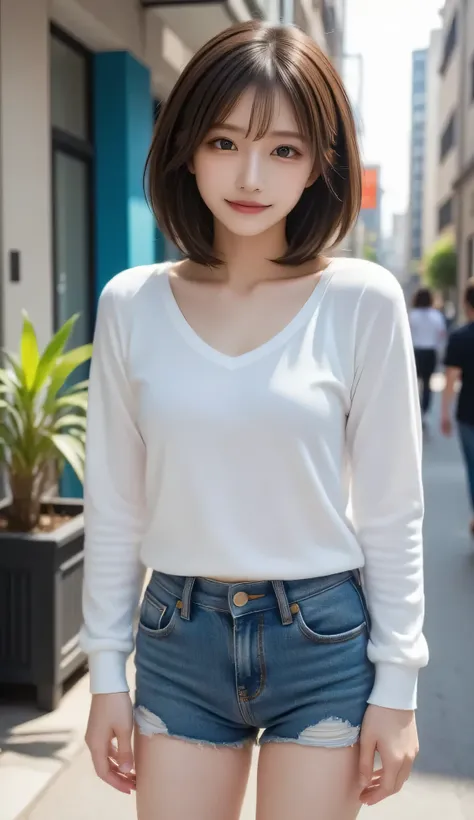 ( top quality , masterpiece:1.2),  perfect body,  Slim Waist, Big breasts,  energetic off-shoulder sweatshirt,  ショートJeans, backstreet, vibrant，one girl, The golden ratio,[:(detailed faces with ofisu:1.2):0.2]:，  Pure Face， is standing，close-up  ，( top qual...