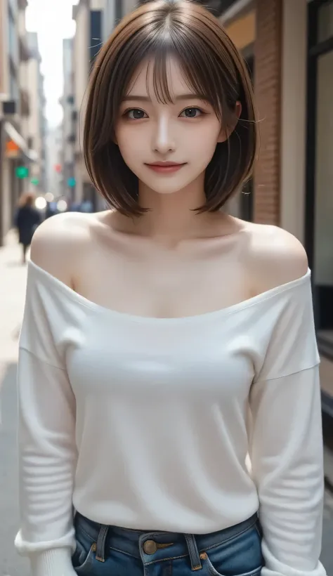 ( top quality , masterpiece:1.2),  perfect body,  Slim Waist, Big breasts,  energetic off-shoulder sweatshirt,  ショートJeans, backstreet, vibrant，one girl, The golden ratio,[:(detailed faces with ofisu:1.2):0.2]:，  Pure Face， is standing，close-up  ，( top qual...
