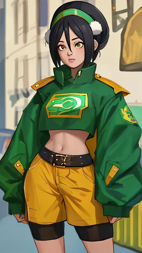 score_9, score_8_up, score_7_up, score_6_up, score_5_up, score_4_up, 1girl, Toph, Women's streetwear in green color palettes.