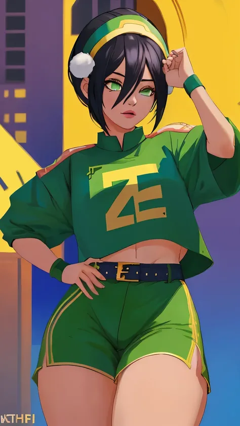 score_9, score_8_up, score_7_up, score_6_up, score_5_up, score_4_up, 1girl, Toph, Women's streetwear in green color palettes.