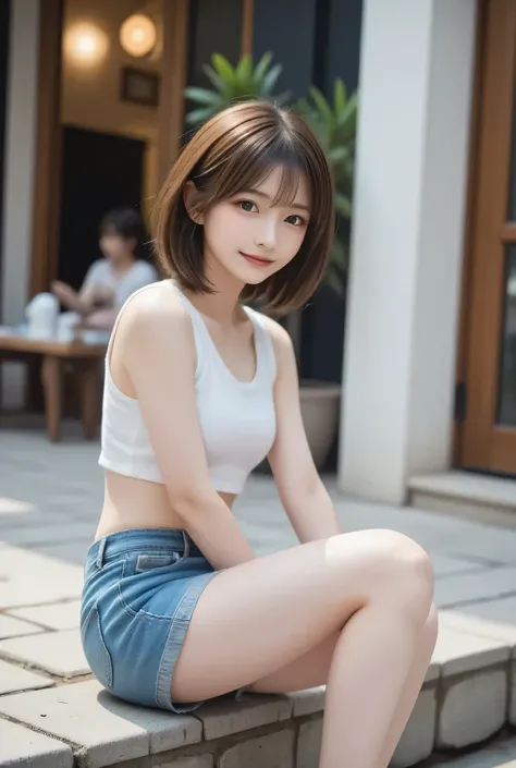 (8k、 RAW pictures 、 top quality,、 masterpiece :1.2)、 、Perfect cute girl、cute、(Sexy DVD :1.2)、( Idol Image Video :1.2)、( beautiful breasts 、 Rich Breasts :1.3)、(( white crop top from bottom))、((short jeans))、 underboob 、( On a stone)、( SHORT BOB:1.2)、 B...