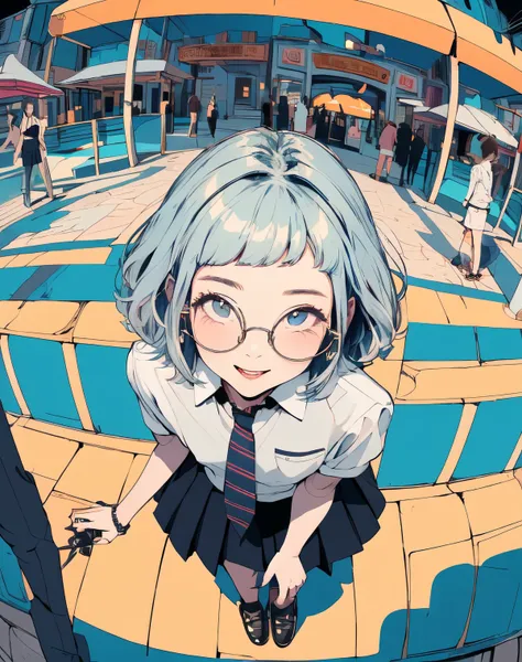 (masterpiece:1.2), top quality,pixiv,Nice, Anatomically Accurate Human Body Structure、,1girl, solo, Skirt, necktie,  Silver Hair、((Rimless Glasses)), shirt,, rainbow-colored hair, pleated Skirt, jewelry, School Uniform, white shirt, blue hair, black Skirt、...