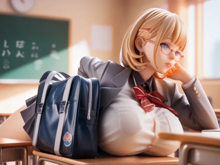 A PVC figure model of a popular anime ultra busty schoolgirl with huge bust size, lying facing down in a classroom setting with textbooks and a schoolbag scattered around her, with realistic lighting