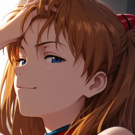 asuka langley, close up, hand on hair, showing forehead, looking confident, smug, looking at viewer, dynamic angle, view from side, attractive, masterpiece, best quality, good lighting