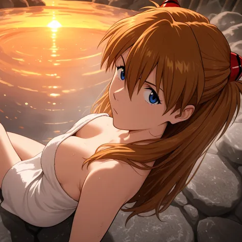 asuka langley, white towel, hot spring, on the hot spring, looking confident, clueless, looking at viewer, dynamic angle, view from above, attractive, masterpiece, best quality, sunset, good lighting