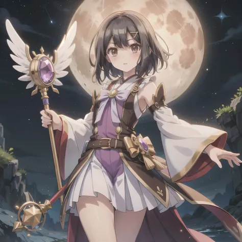A beautiful, anime-style Japanese magical girl, with brown hair and deep brown eyes. She wears an elegant, shimmering purple magical outfit with fantasy details, such as frills, ribbons, and glowing accents. She holds a magical staff with a glowing purple ...