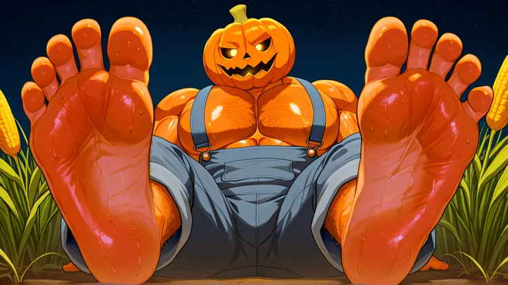 [jackolantern, pumpkin head, orange skin, muscular, big pecs, thick thighs, hairy, overalls, shirtless, barefoot large soles, huge soles, extremely huge feet, (five toes)],  foot focus, sweaty feet, sinister expression, scrunched toes, wrinkly soles, sweat...