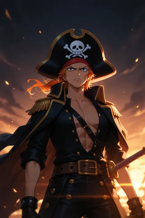 One Piece anime character, pirate guy with a hat, sword & guns, black clothing, intense colors, masterpiece, best quality, amazing quality, depth of field, (dynamic lighting),