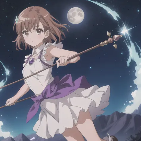 A beautiful, anime-style Japanese magical girl, with brown hair and deep brown eyes. She wears an elegant, shimmering purple magical outfit with fantasy details, such as frills, ribbons, and glowing accents. She holds a magical staff with a glowing purple ...