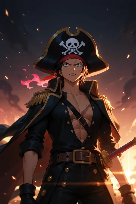 One Piece anime character, pirate guy with a hat, sword & guns, black clothing, intense colors, masterpiece, best quality, amazing quality, depth of field, (dynamic lighting), long medium black hair, pink fire aura