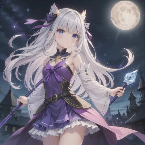 A beautiful, anime-style Japanese magical girl, with white hair and deep blue eyes. She wears an elegant, shimmering purple magical outfit with fantasy details, such as frills, ribbons, and glowing accents. She holds a magical staff with a glowing purple g...