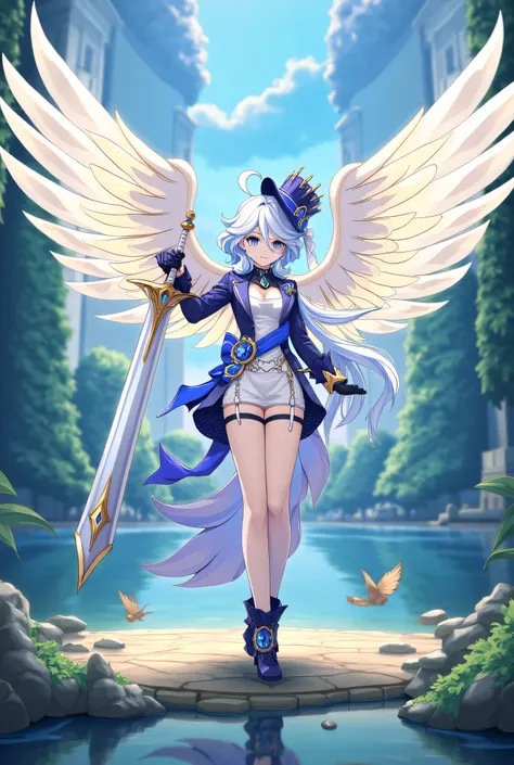 Furina, angel wings , holding a sword , lakeshore.