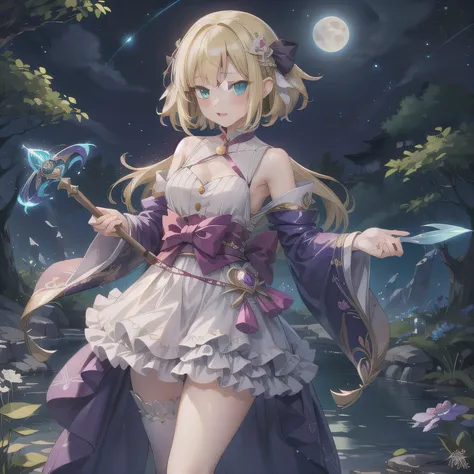 尖った耳, 短い髪, A beautiful, anime-style Japanese magical girl, with blonde hair and deep green eyes. She wears an elegant, shimmering purple magical outfit with fantasy details, such as frills, ribbons, and glowing accents. She holds a magical staff with a glo...