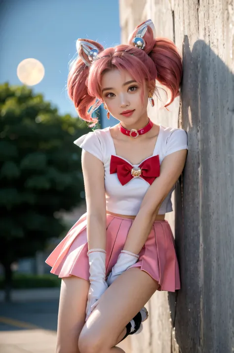 solo, outdoors, smile, pose, hand up, salute, 1girl, pink hair, twintails, cone hair bun, double bun, red eyes, earrings, hair ornament, tiara, red bow, heart brooch, , brooch, choker, elbow gloves, heart choker, magical girl, multicolored clothes, mult...