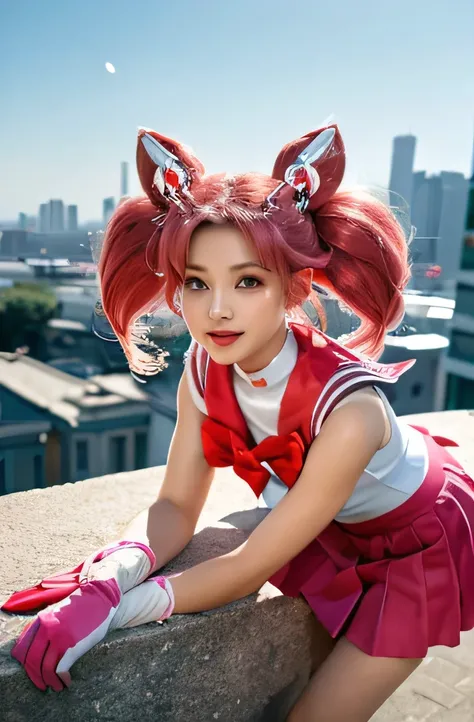 solo, outdoors, smile, pose, hand up, salute,    1girl, pink hair, twintails, cone hair bun, double bun, red eyes, earrings, hair ornament, tiara, red bow, heart brooch, , brooch, choker, elbow gloves, heart choker, magical girl, multicolored clothes, mult...