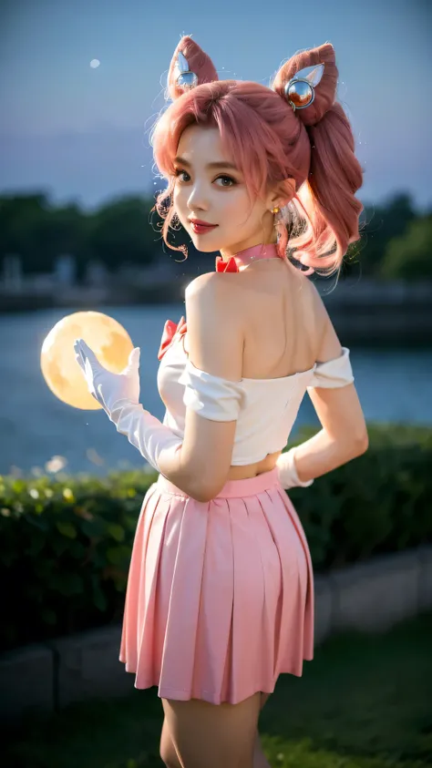 solo, outdoors, smile, pose, hand up, salute,    1girl, pink hair, twintails, cone hair bun, double bun, red eyes, earrings, hair ornament, tiara, red bow, heart brooch, , brooch, choker, elbow gloves, heart choker, magical girl, multicolored clothes, mult...