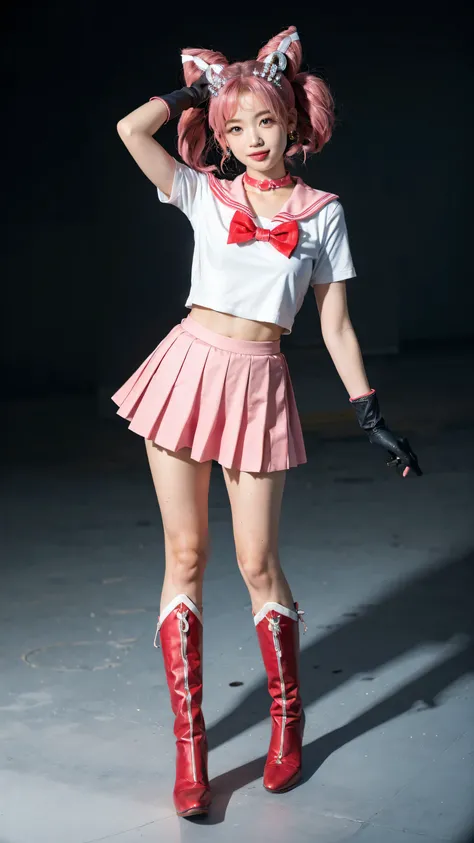 solo, outdoors, smile, pose, hand up, salute,    1girl, pink hair, twintails, cone hair bun, double bun, red eyes, earrings, hair ornament, tiara, red bow, heart brooch, , brooch, choker, elbow gloves, heart choker, magical girl, multicolored clothes, mult...