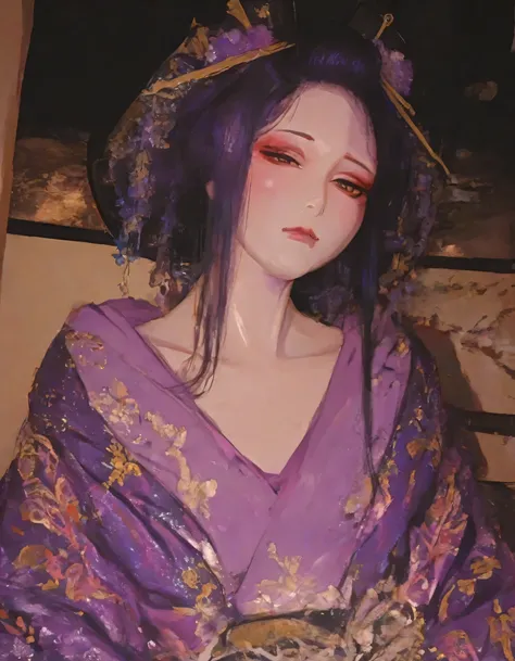 ,best quality, masterpiece, 748cm style,1girl,(upperbody),closed up face,sexy mint purple kimono,natural cosmetic,adult female face,Ukiyo-e, Courtesan, Night, Edo Period,Entertainment district, inn,looking at viewer:1.3,A look of contempt,
