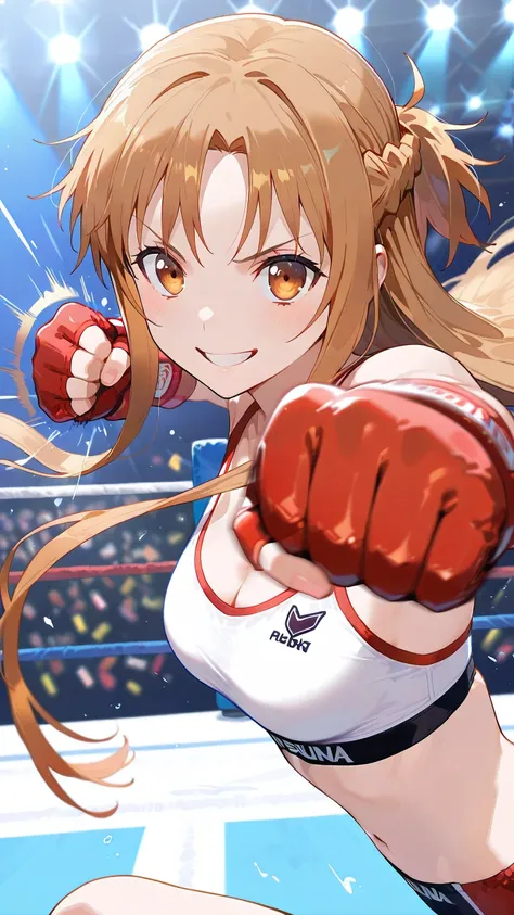asuna_\(sao\), long_hair, solo, Detailed eyes, white sports bra, red low leg and low rise small spats, red fingerless gloves, thigh, cleavage, slim long legs, medium breast, serious grin, looking at viewer, Detailed eyes, Detailed face, portrait, from side...