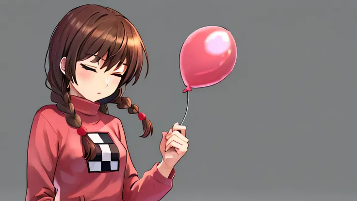  Madotsuki , pink sweater tied to a pillar, logo, Skirt, Holding a balloon, eyes closed, upper body, shadow,  dark, 薄 dark,plain background