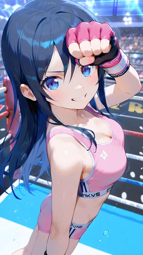 ayase aragaki, long hair, blue eyes, black hair, solo, Detailed eyes, pink sports bra, pink low leg and low rise small spats, pink fingerless gloves, thigh, cleavage, slim long legs, medium breast, serious grin, looking at viewer, Detailed eyes, Detailed f...
