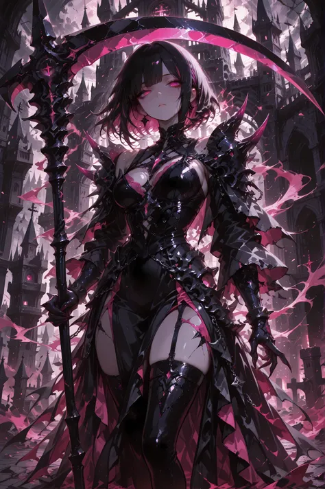 1girl, solo, layered black medium hair cut, pink eyes, black sexy warrior dress, black spikes coming from shoulders, black crystal sharp hands with pink tips, medium breasts, curvy-sexy body, holding black-theme scythe, standing, the dress is blowing sligh...