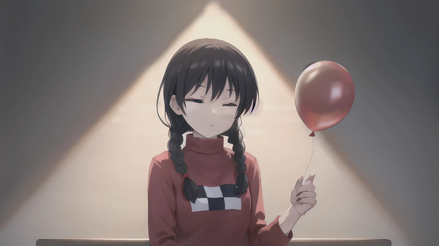 Madotsuki , pink sweater tied to a pillar, logo,胸の白黒ロゴを綺麗に, Skirt, Holding a balloon, eyes closed, upper body, shadow,  dark, 薄 dark,plain background,指を綺麗に,高画質,