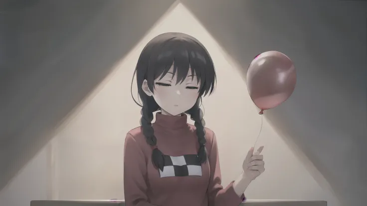  Madotsuki , pink sweater tied to a pillar, logo,胸の白黒ロゴを綺麗に, Skirt, Holding a balloon, eyes closed, upper body, shadow,  dark, 薄 dark,plain background,指を綺麗に,高画質,