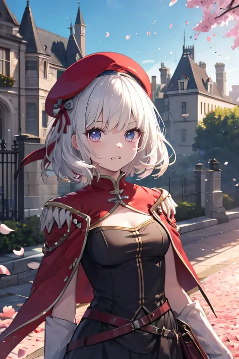 Serious girl, White hair, (showing teeth), castle background, castle background(mansion), complete anatomy, Graphic Effects, red beret, strong breeze , sakura petals and leaves, , the best quality