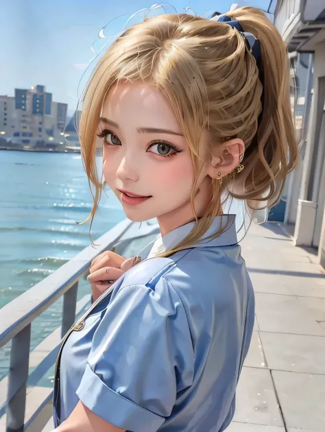 {{masterpiece:1.2}}, {{1woman}}, ((upper body)), ((from side)), ((looking at viewer)), ((standing)), ((seaside promenade)), 21years old, ((gal)), ((blonde hair)), ((short hair)), ((ponytail_weave_hairstyle)), ((school uniform, blue shirt)), ((smile)), ((op...