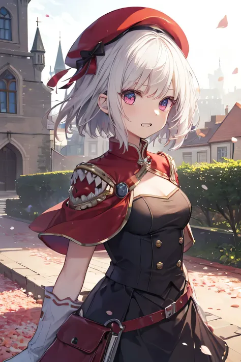 Serious girl, White hair, (showing teeth), castle background, castle background(mansion), complete anatomy, Graphic Effects, red beret, strong breeze , sakura petals and leaves, , the best quality