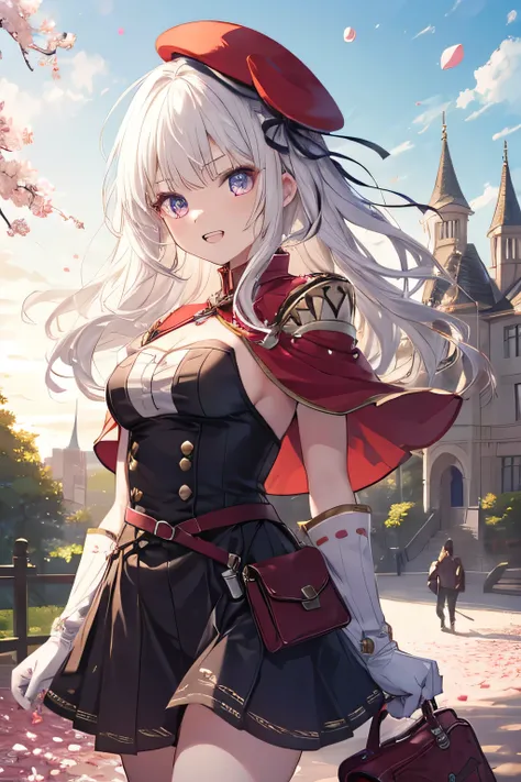 Serious girl, White hair, (showing teeth), castle background, castle background(mansion), complete anatomy, Graphic Effects, red beret, strong breeze , sakura petals and leaves, , the best quality