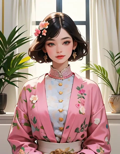 387 (20 year old woman),(short hair),(gentle smile),(high quality photos),(Luxurious room window),(colorful),(Floral clothes)