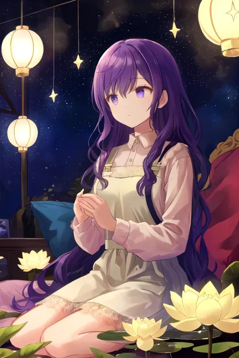 A long  , Comfortably sit on plush on flowing purple hair, background. Her outfit is a delicate, lace white dress with soft lotus leaf, is perfect for a relaxing night. scene illuminated with fantastic, Starry air; soft light, Warm chandelier shaped like a...
