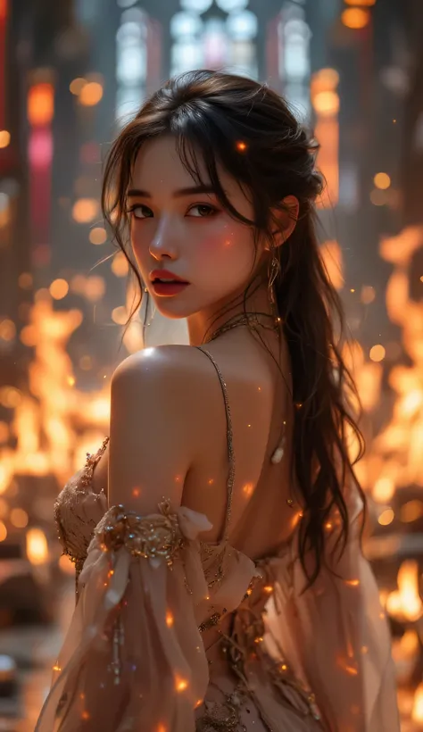 sexy asian girl in a burning cathedral