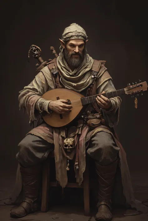 (1man, a young male bard, handsome figure, happy expression, wear humble medieval knitted cloths, pastel color outfit, wear short cape, wear hunter cap, sits on a stool, playing a small lute), anthr0dnd, Gul'dan, dark fantasy character, detailed full-body ...