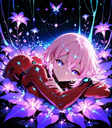 
1 girl, violet eyes, light pink hair, short hair, cool, beautiful, medium breast, very cute, lovely, kawaii, red bodysuit,glowing pink hair, laying in flowerbed, ultraviolet light, ultraviolet flowers, best quality, masterpiece, dark background, comfortin...