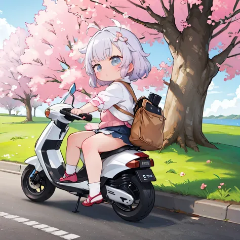 masterpiece，top quality，pretty girl riding a small scooter，Spring cherry blossom tree々，