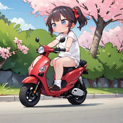 masterpiece，top quality，pretty girl riding a small scooter，Spring cherry blossom tree々，