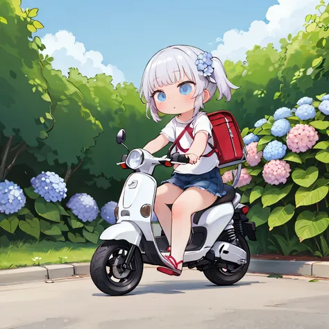 masterpiece，top quality，cute girl riding a small scooter，Early summer hydrangea flowers，