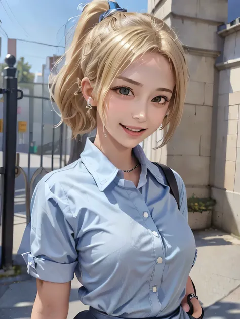 {{masterpiece:1.2}}, {{1woman}}, ((upper body)), ((standing)), ((school gate)), 21years old, ((gal)), ((blonde hair)), ((short hair)), ((ponytail_weave_hairstyle)), ((school uniform, skyblue shirt)), ((big smile)), ((open mouth)), ((hand up)), ((ear pierci...